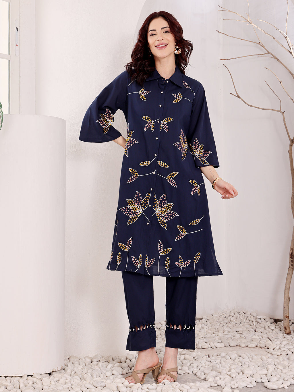 Navy Blue Embroidered Butterfly Cotton Kurta Set For Women