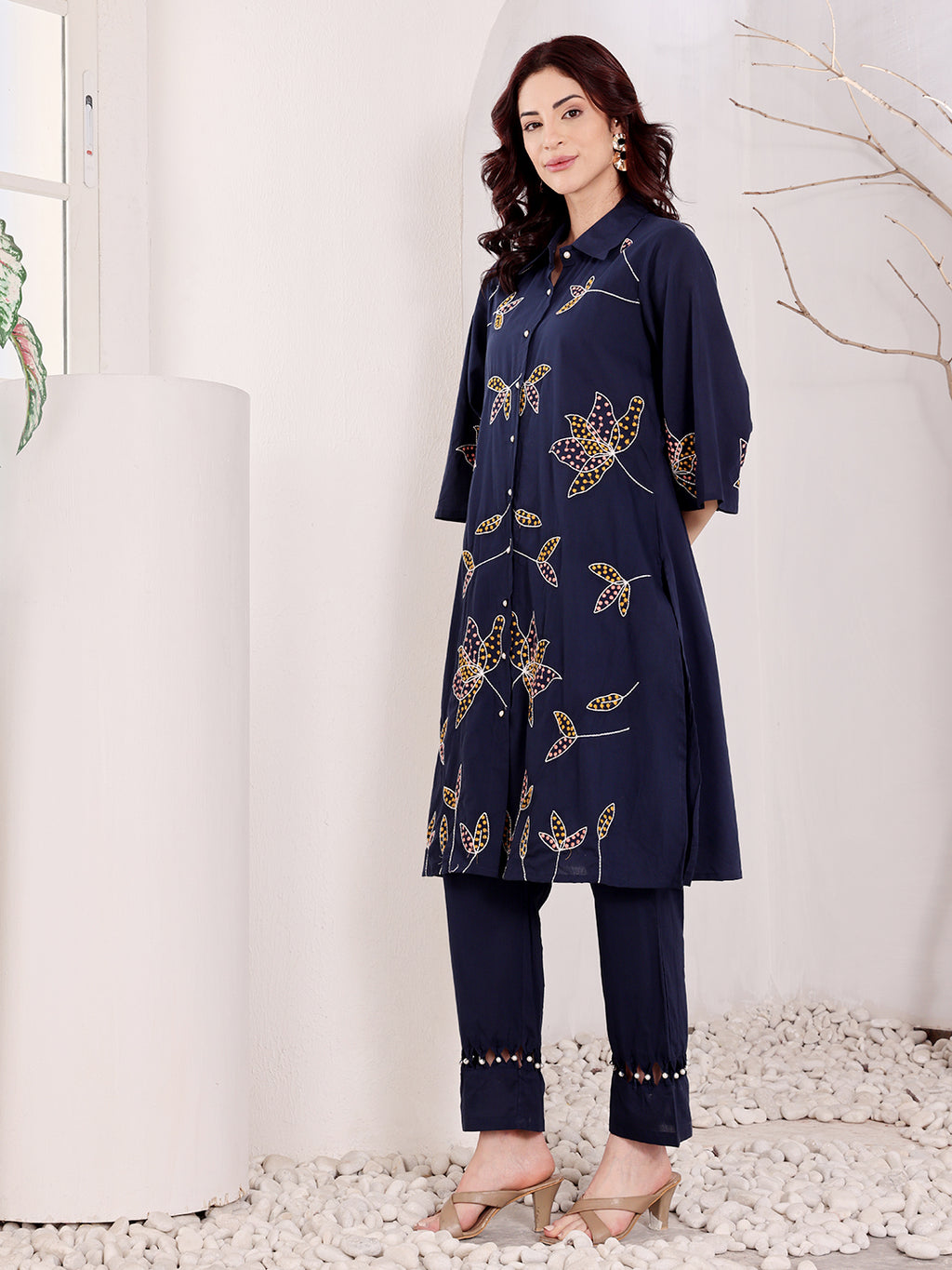 Navy Blue Embroidered Butterfly Cotton Kurta Set For Women