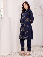 Navy Blue Embroidered Butterfly Cotton Kurta Set For Women
