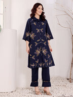 Navy Blue Embroidered Butterfly Cotton Kurta Set For Women