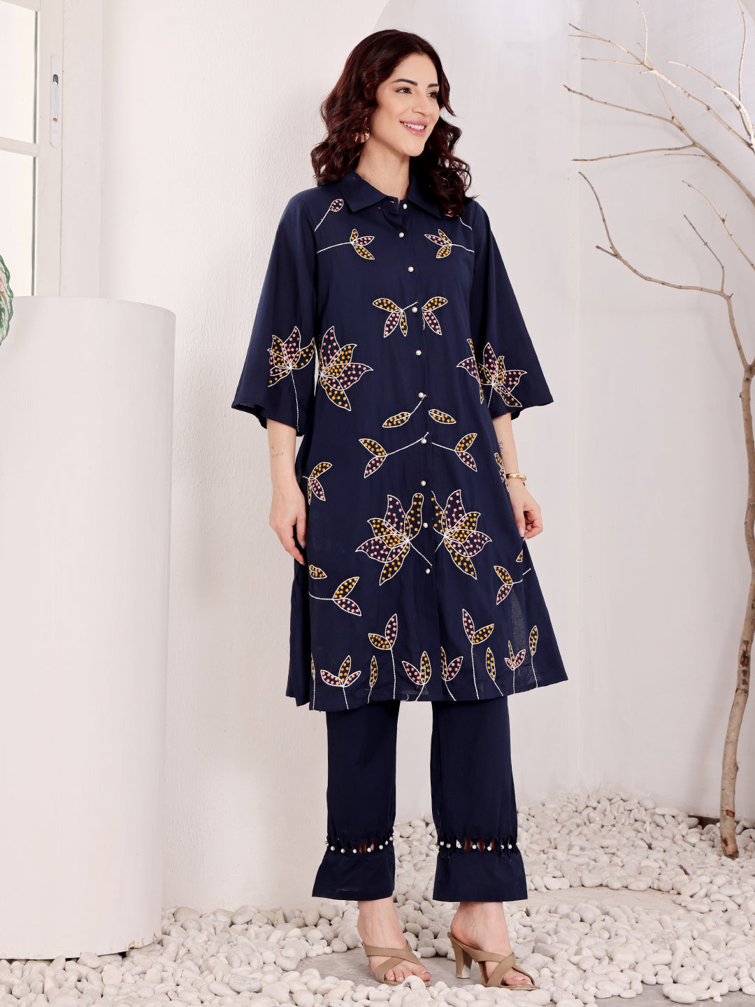 Navy Blue Embroidered Butterfly Cotton Kurta Set For Women