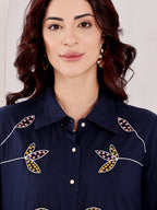 Navy Blue Embroidered Butterfly Cotton Kurta Set For Women