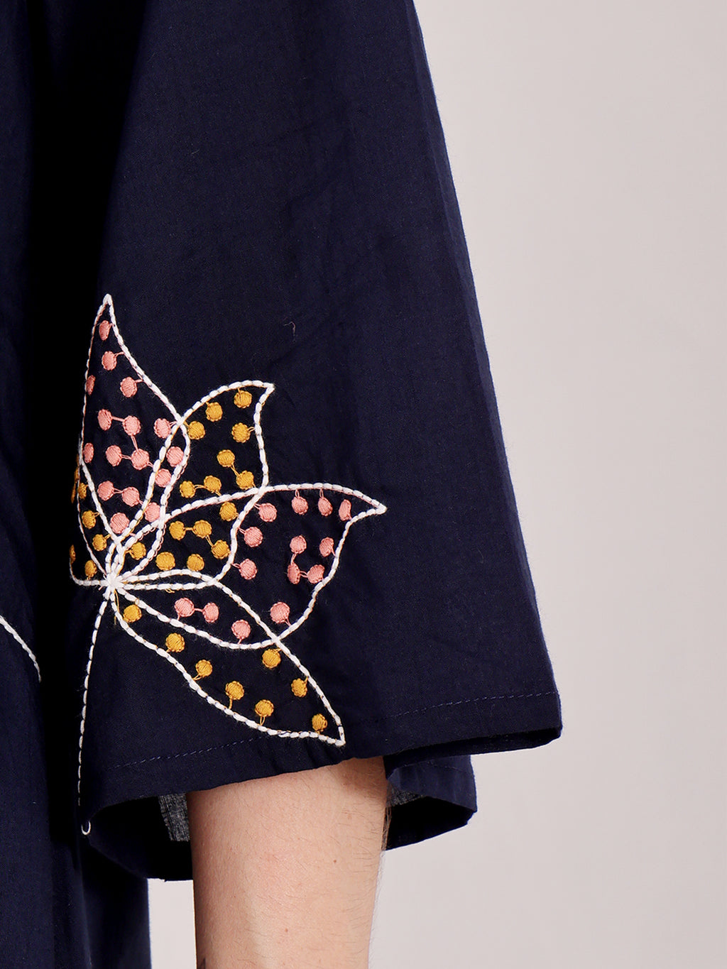 Navy Blue Embroidered Butterfly Cotton Kurta Set For Women