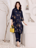 Navy Blue Embroidered Butterfly Cotton Kurta Set For Women