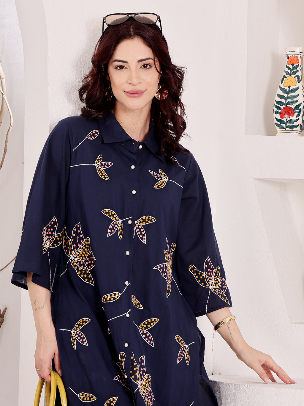 Navy Blue Embroidered Butterfly Cotton Kurta Set For Women