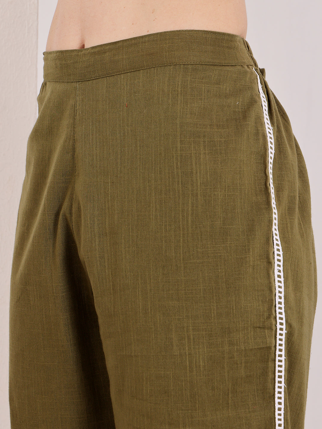 Olive Green Embroidered Co-Ord Set With White Floral Patch Pockets