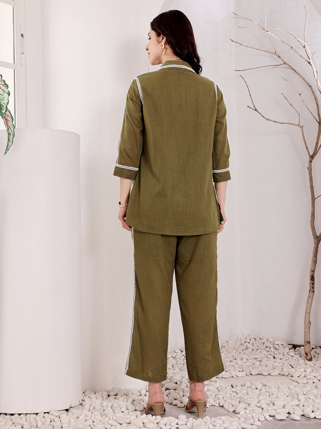 Olive Green Embroidered Co-Ord Set With White Floral Patch Pockets