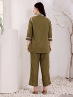 Olive Green Embroidered Co-Ord Set With White Floral Patch Pockets