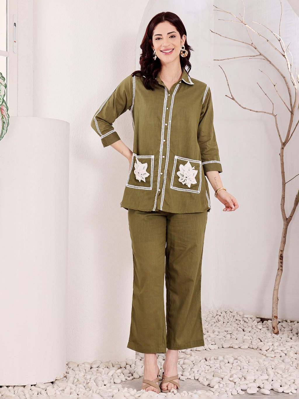 Olive Green Embroidered Co-Ord Set With White Floral Patch Pockets