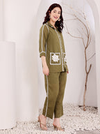 Olive Green Embroidered Co-Ord Set With White Floral Patch Pockets
