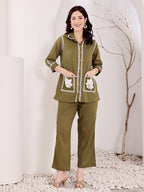 Olive Green Embroidered Co-Ord Set With White Floral Patch Pockets
