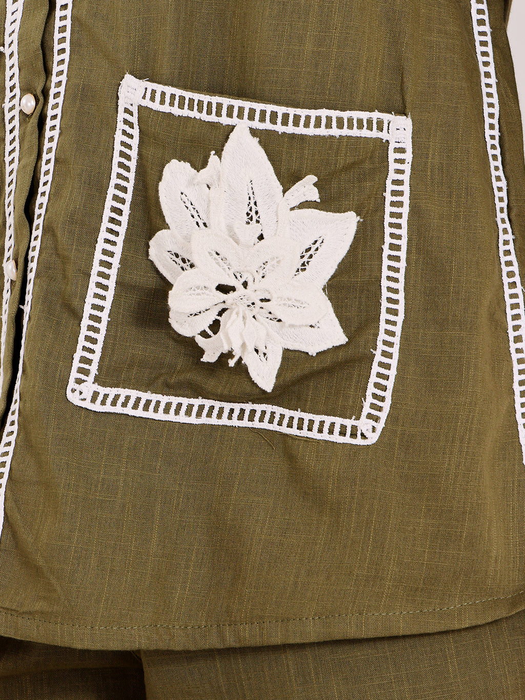 Olive Green Embroidered Co-Ord Set With White Floral Patch Pockets