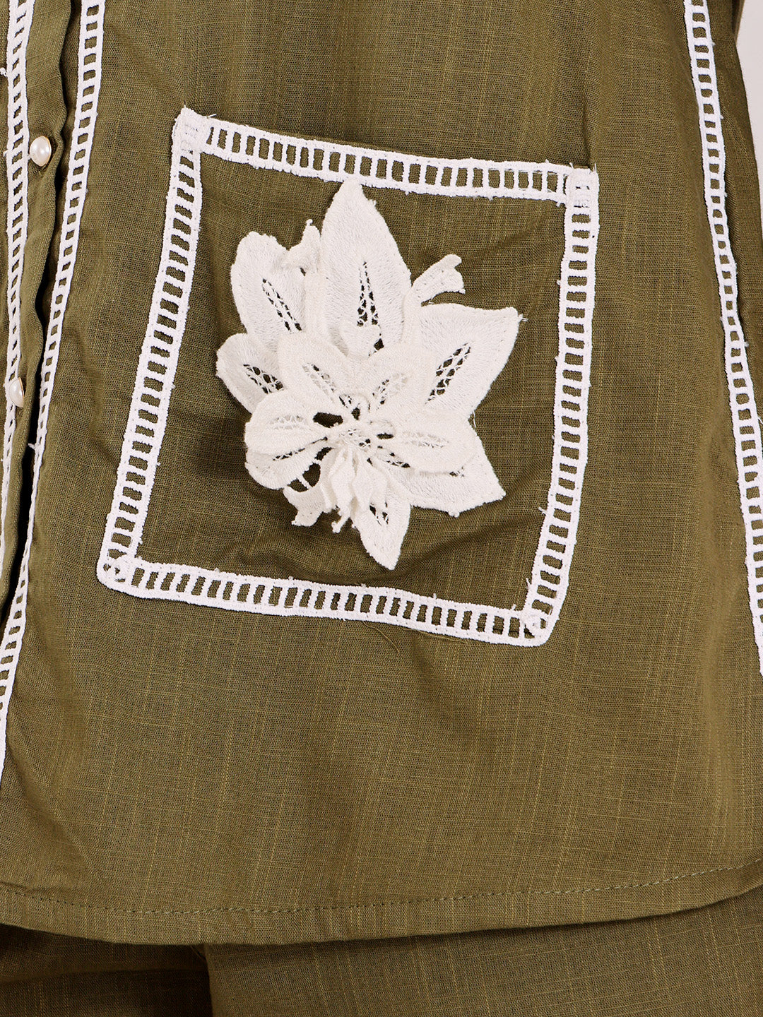 Olive Green Embroidered Co-Ord Set With White Floral Patch Pockets