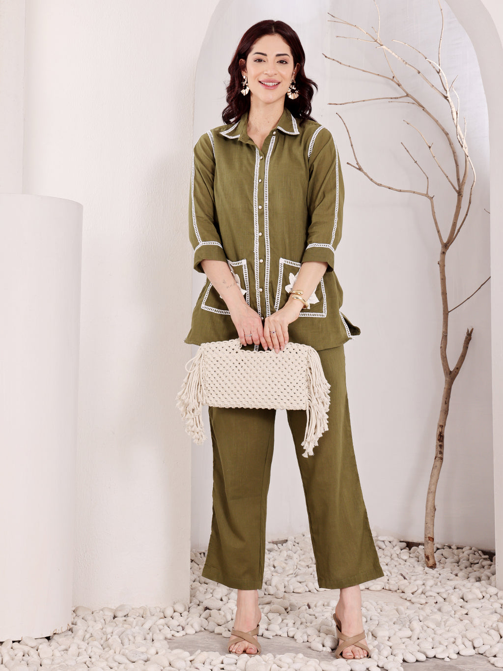 Olive Green Embroidered Co-Ord Set With White Floral Patch Pockets