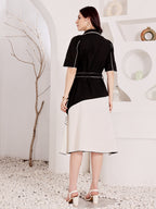 Women's Black And White Spiral Print Dress With Belted Waist