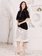 Women's Black And White Spiral Print Dress With Belted Waist