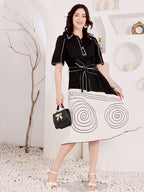 Women's Black And White Spiral Print Dress With Belted Waist