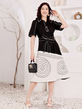 Women's Black And White Spiral Print Dress With Belted Waist