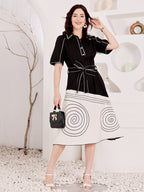 Women's Black And White Spiral Print Dress With Belted Waist