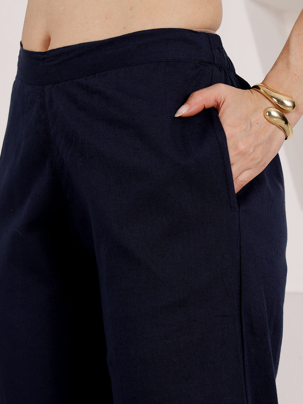 Navy Blue Embroidered Button Down Top With Fringed Hem