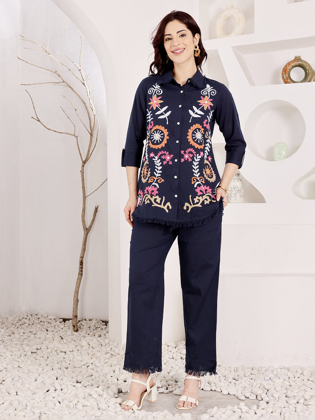 Navy Blue Embroidered Button Down Top With Fringed Hem