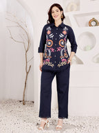 Navy Blue Embroidered Button Down Top With Fringed Hem