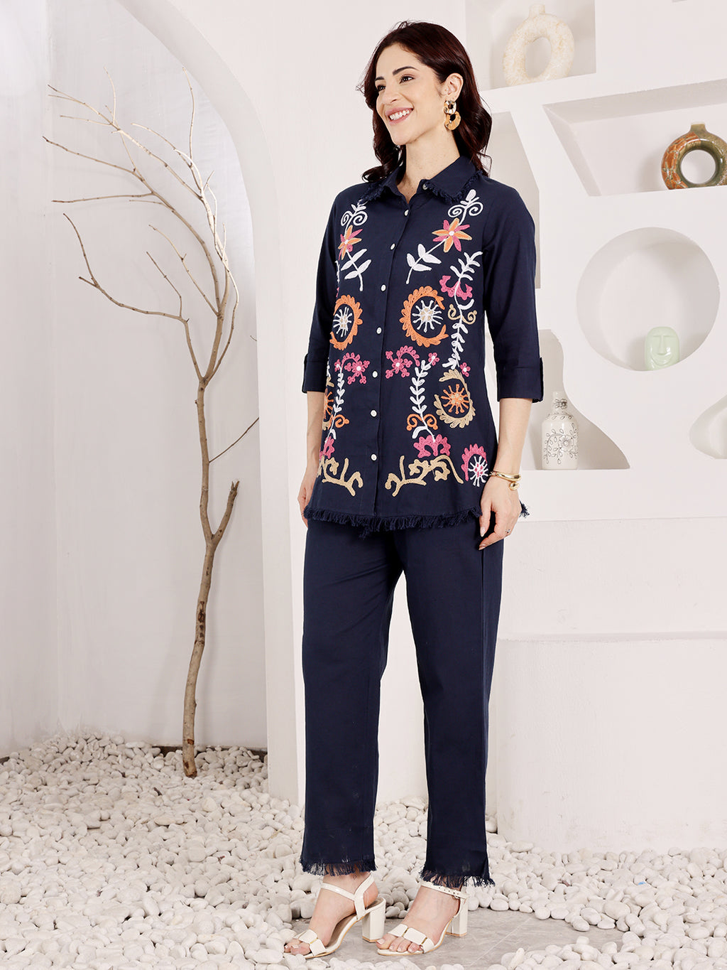 Navy Blue Embroidered Button Down Top With Fringed Hem