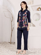 Navy Blue Embroidered Button Down Top With Fringed Hem