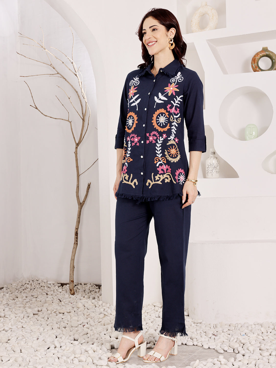 Navy Blue Embroidered Button Down Top With Fringed Hem