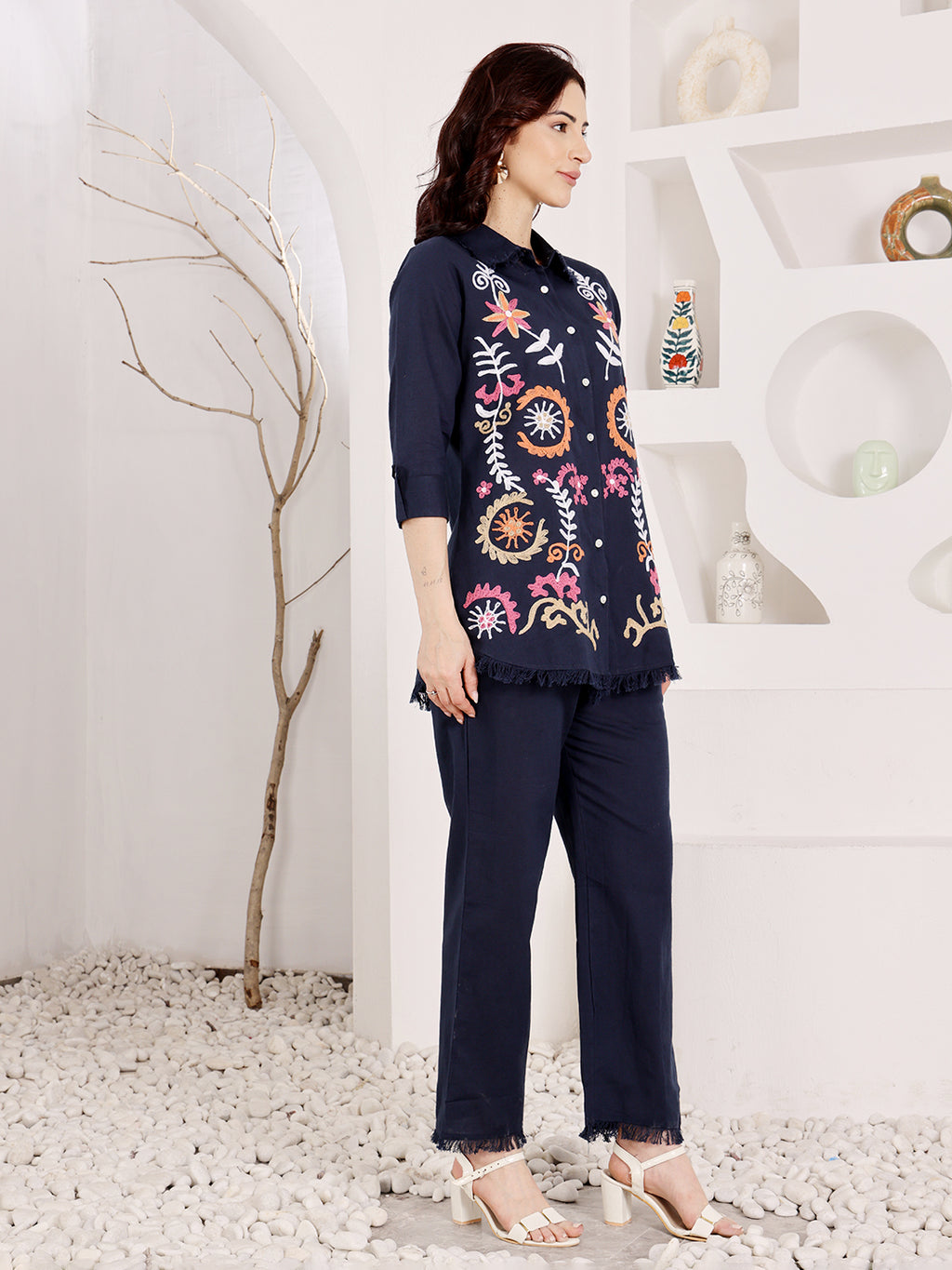 Navy Blue Embroidered Button Down Top With Fringed Hem