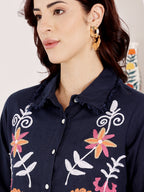 Navy Blue Embroidered Button Down Top With Fringed Hem