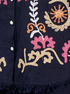 Navy Blue Embroidered Button Down Top With Fringed Hem