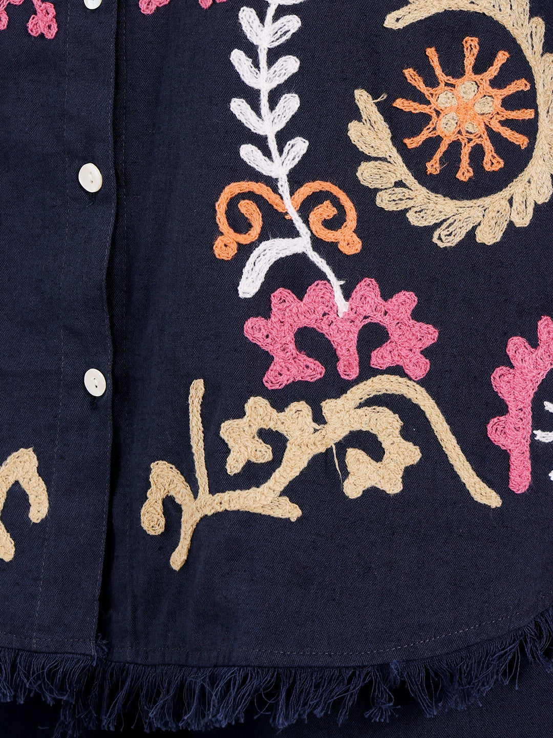 Navy Blue Embroidered Button Down Top With Fringed Hem