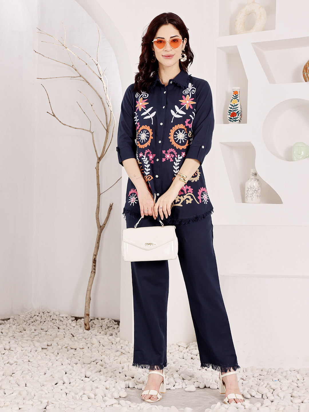 Navy Blue Embroidered Button Down Top With Fringed Hem