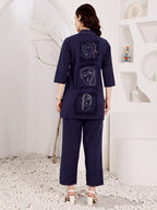 Navy Blue Embroidered Face Art Co-Ord Set
