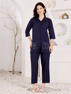 Navy Blue Embroidered Face Art Co-Ord Set