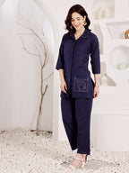 Navy Blue Embroidered Face Art Co-Ord Set