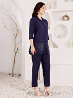 Navy Blue Embroidered Face Art Co-Ord Set