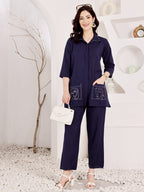 Navy Blue Embroidered Face Art Co-Ord Set