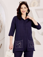 Navy Blue Embroidered Face Art Co-Ord Set