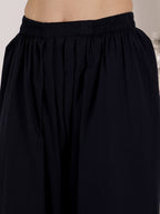Navy Blue Embroidered Floral Top With Palazzo Set For Women