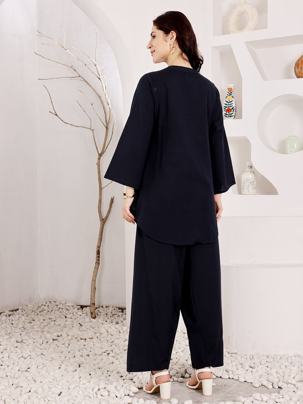 Navy Blue Embroidered Floral Top With Palazzo Set For Women