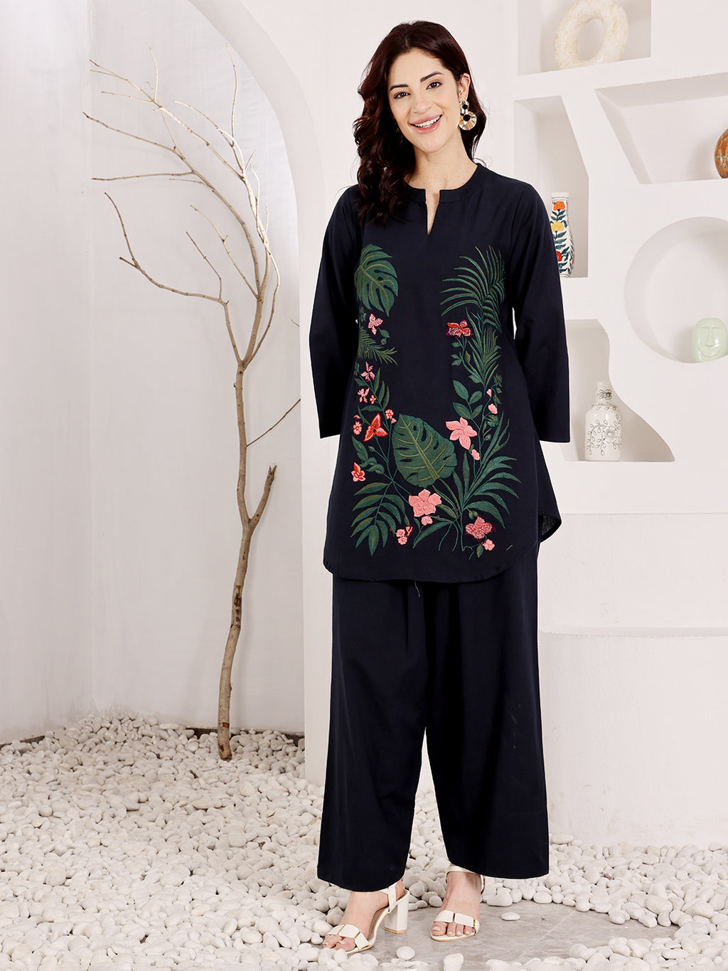 Navy Blue Embroidered Floral Top With Palazzo Set For Women
