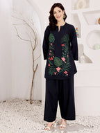 Navy Blue Embroidered Floral Top With Palazzo Set For Women