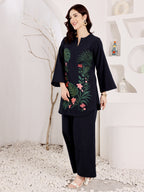 Navy Blue Embroidered Floral Top With Palazzo Set For Women