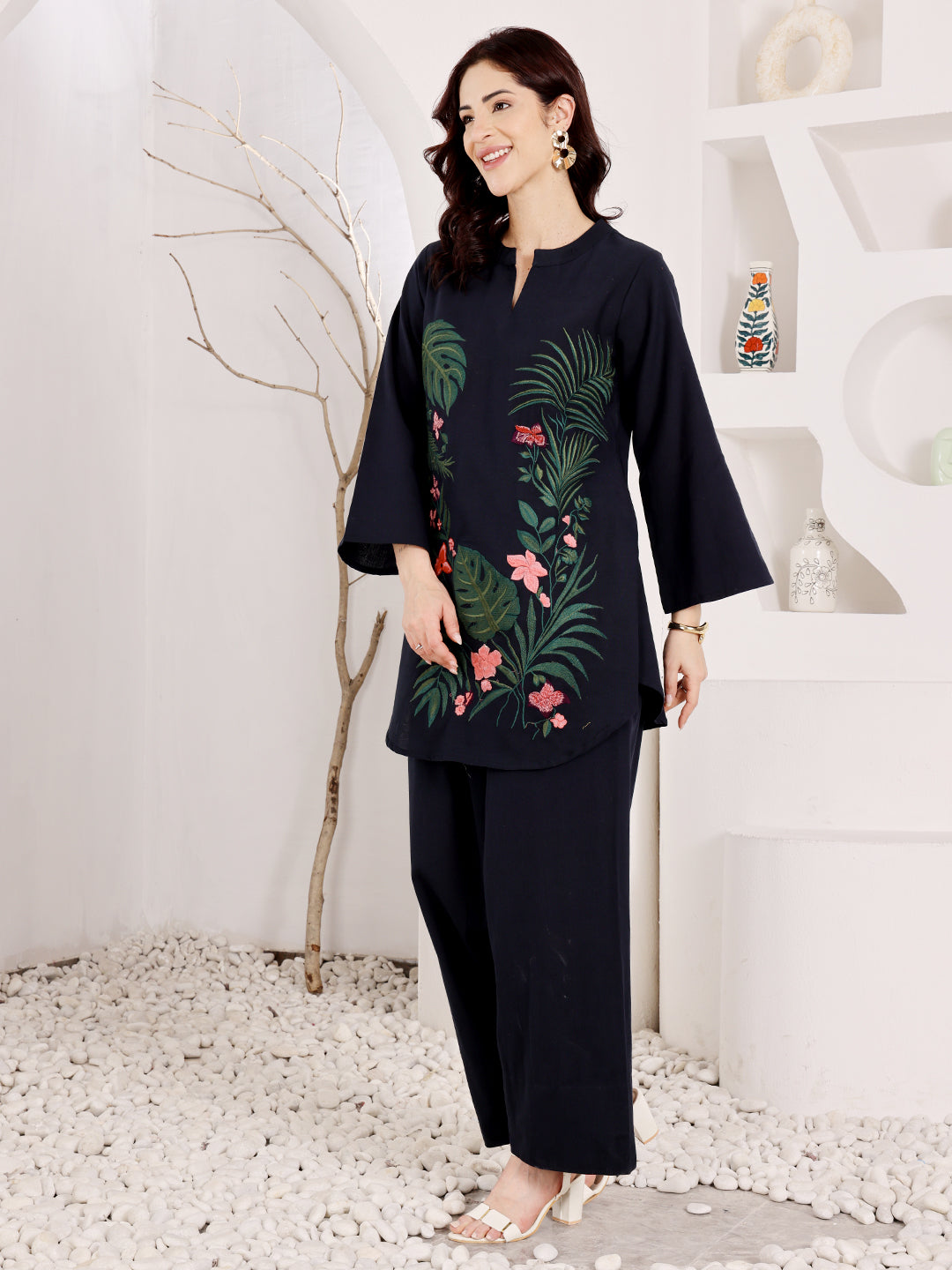 Navy Blue Embroidered Floral Top With Palazzo Set For Women