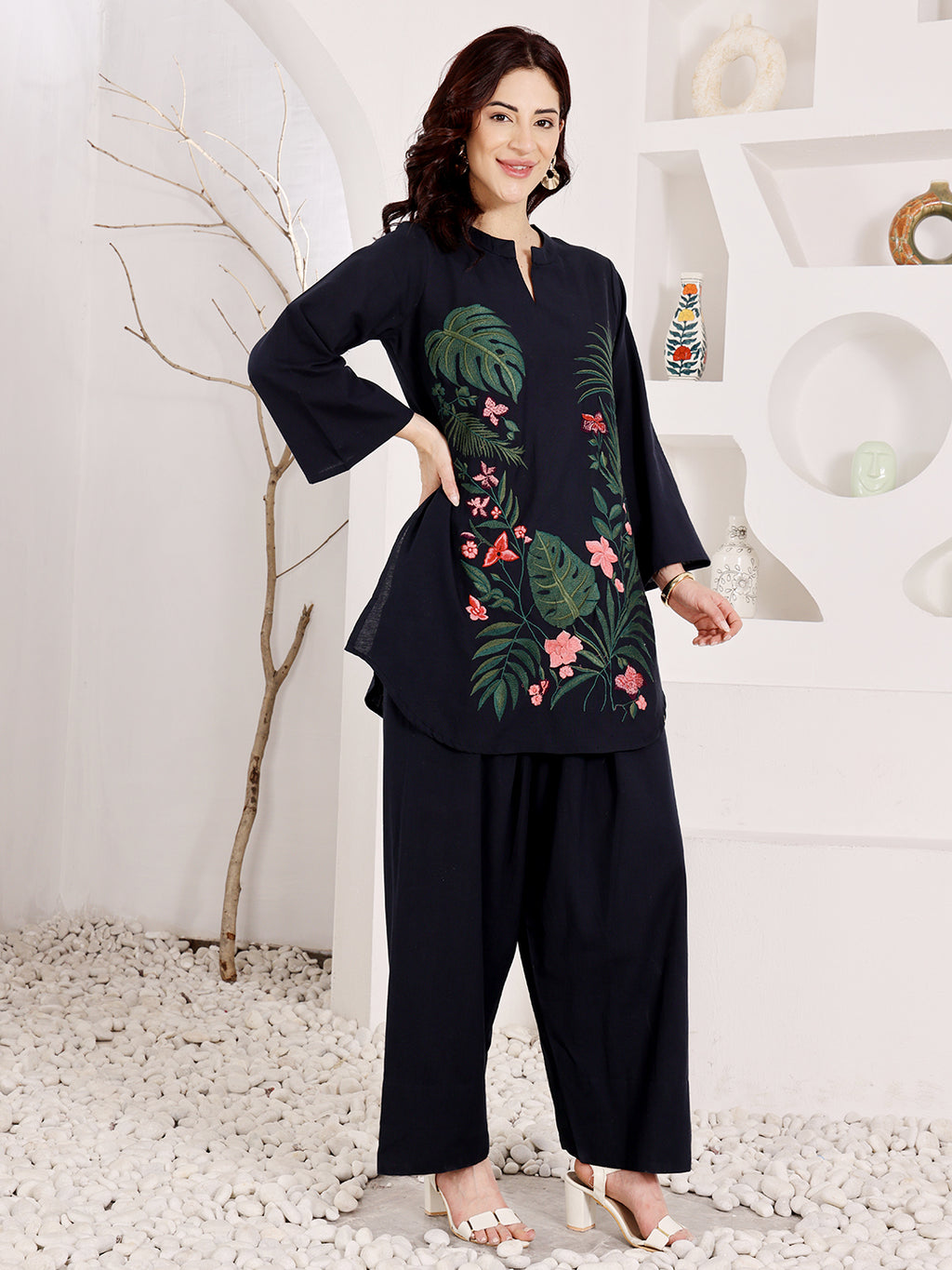 Navy Blue Embroidered Floral Top With Palazzo Set For Women