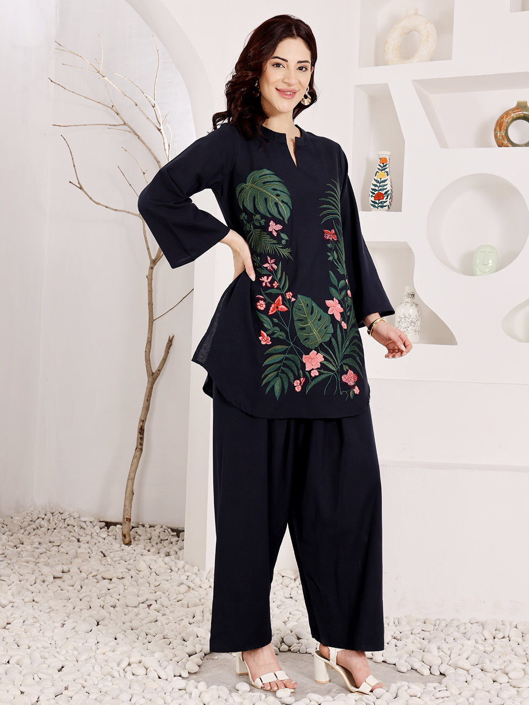 Navy Blue Embroidered Floral Top With Palazzo Set For Women