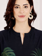 Navy Blue Embroidered Floral Top With Palazzo Set For Women