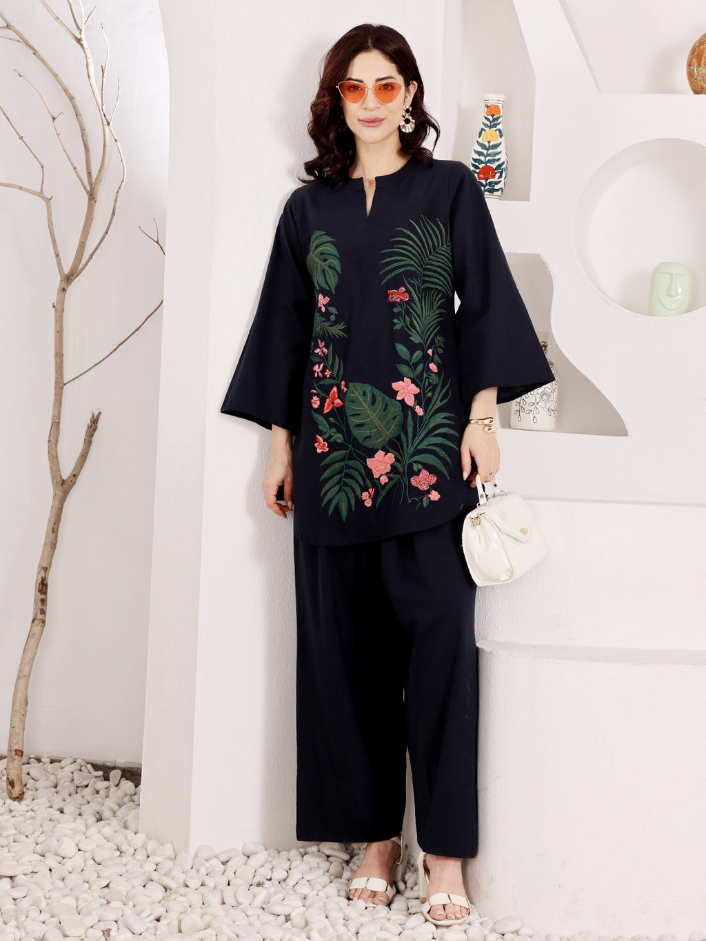 Navy Blue Embroidered Floral Top With Palazzo Set For Women